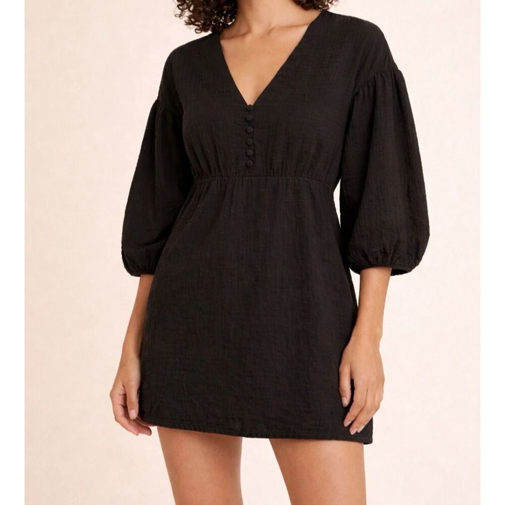 ZARA DRESS Womens Large VOLUMINOUS Mini Balloon Puff sleeve BLACK Gauze RETRO